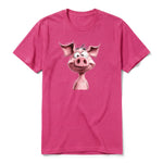 Un T-shirt framboise à manches courtes et col rond, orné d'un motif représentant un animal de la ferme sur le devant.