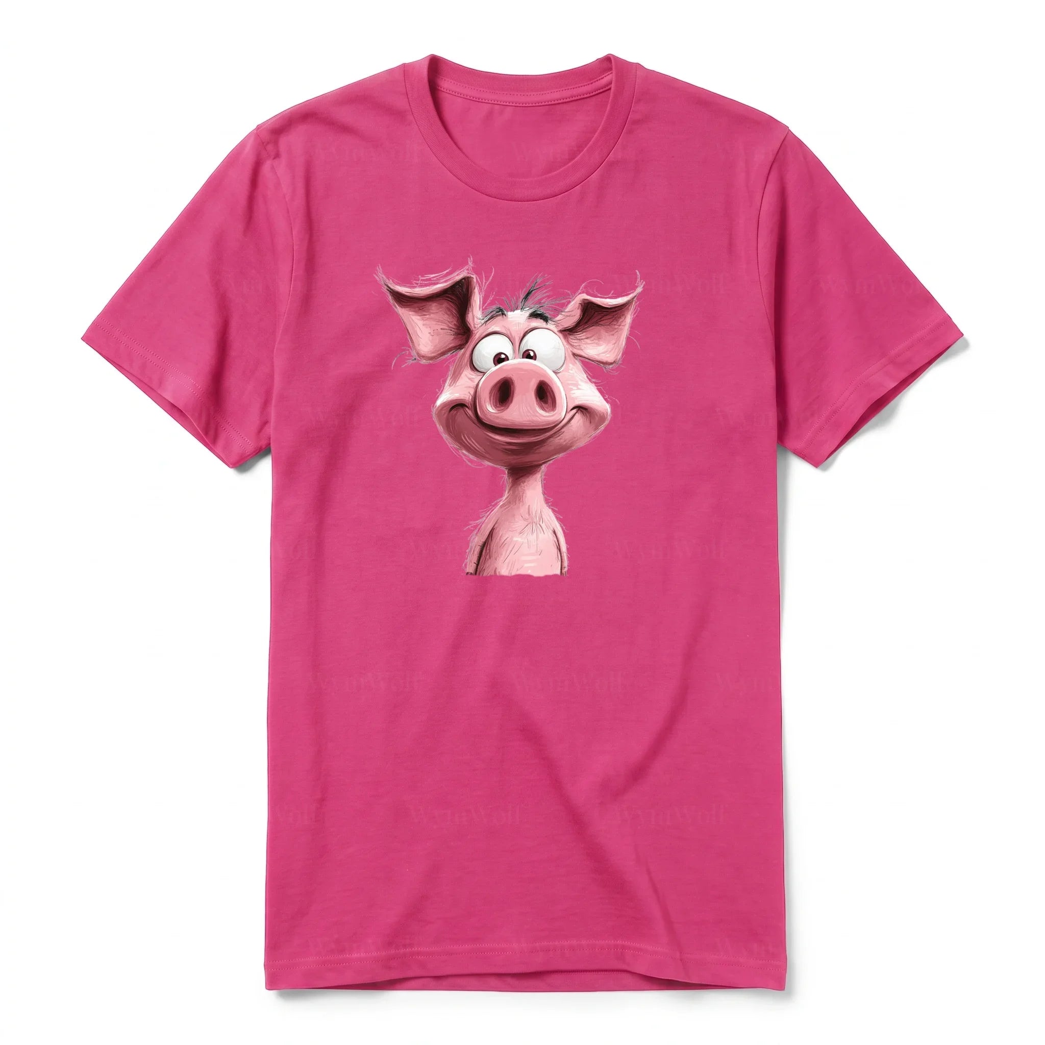 Un T-shirt framboise à manches courtes et col rond, orné d'un motif représentant un animal de la ferme sur le devant.