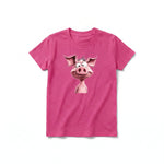 Un T-shirt framboise à manches courtes et col rond pour jeune, orné d'un motif représentant un animal de la ferme sur le devant.