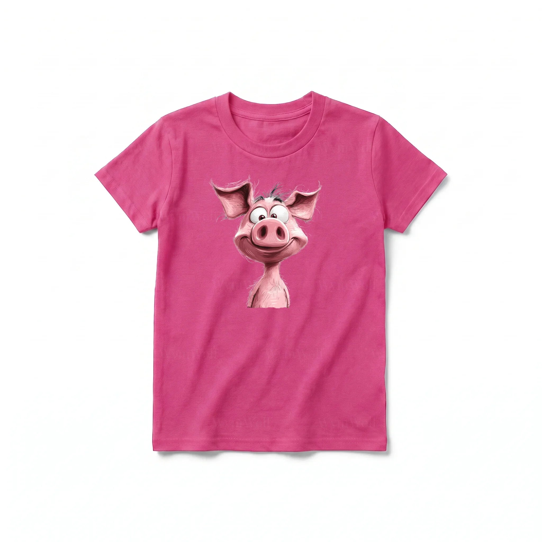 Un T-shirt framboise à manches courtes et col rond pour jeune, orné d'un motif représentant un animal de la ferme sur le devant.