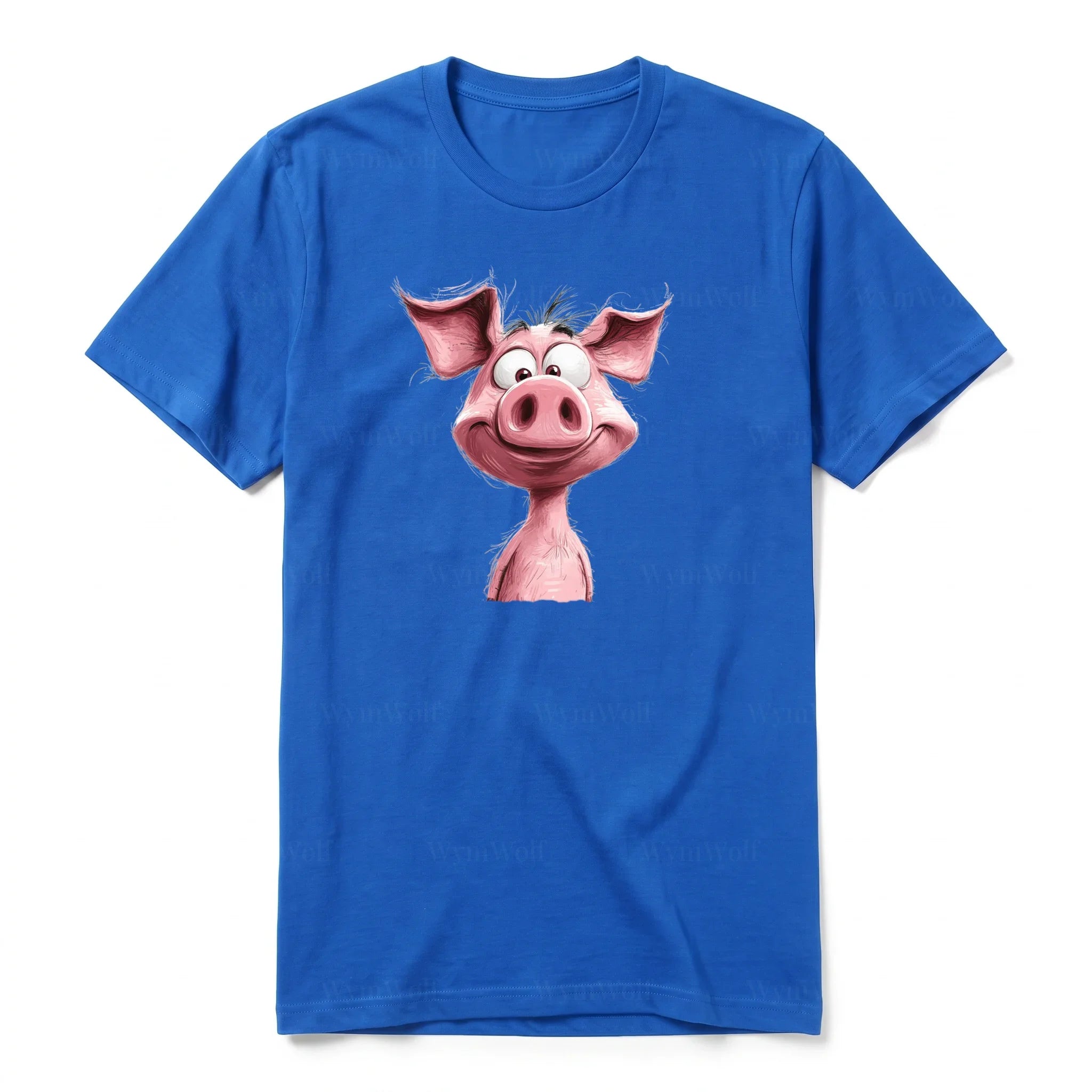 Un T-shirt royal à manches courtes et col rond, orné d'un motif représentant un animal de la ferme sur le devant.