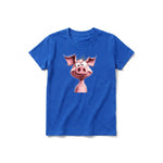 Un T-shirt royal à manches courtes et col rond pour jeune, orné d'un motif représentant un animal de la ferme sur le devant.