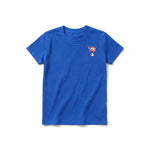 Un T-shirt royal à manches courtes et col rond pour jeune, orné d'un motif représentant un animal de la ferme sur la poitrine gauche.