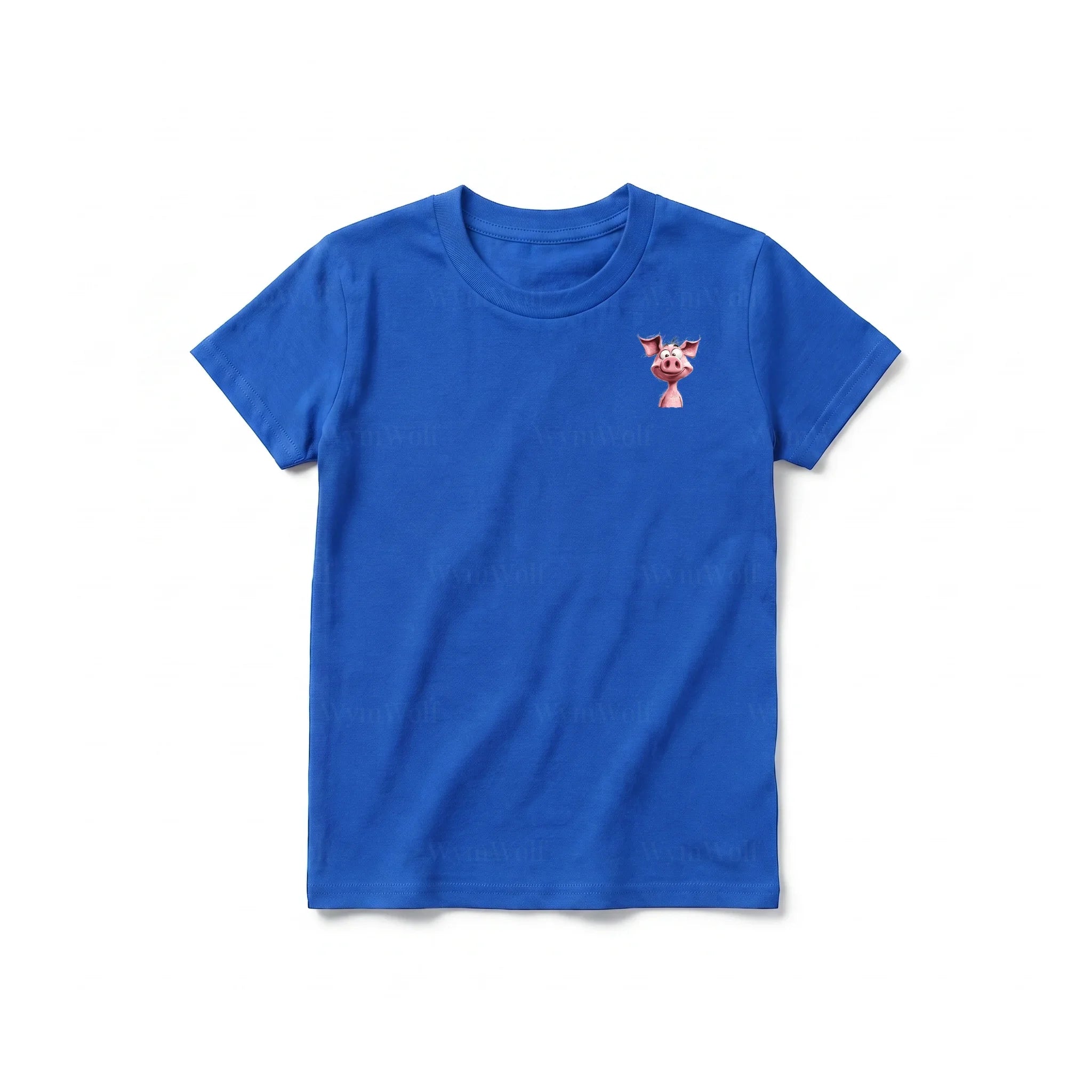 Un T-shirt royal à manches courtes et col rond pour jeune, orné d'un motif représentant un animal de la ferme sur la poitrine gauche.