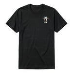 A black short-sleeve crewneck t-shirt for adult featuring a graphic of a farm animal on the left chest.