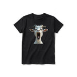 A black short-sleeve crewneck t-shirt for youth featuring a graphic of a farm animal on the front.