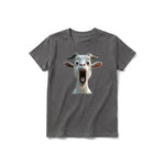 Un T-shirt charbon à manches courtes et col rond pour jeune, orné d'un motif représentant un animal de la ferme sur le devant.
