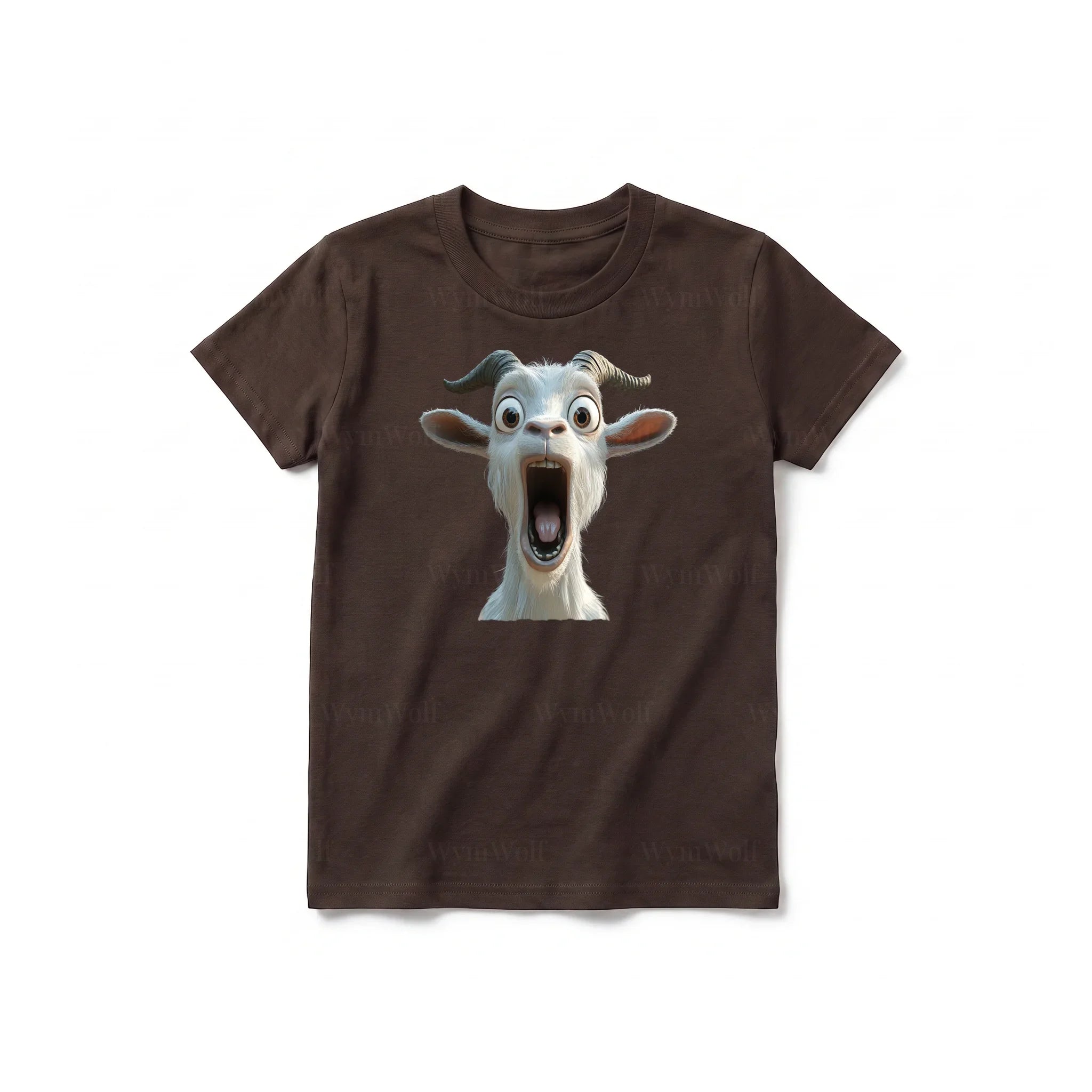 Un T-shirt chocolat à manches courtes et col rond pour jeune, orné d'un motif représentant un animal de la ferme sur le devant.