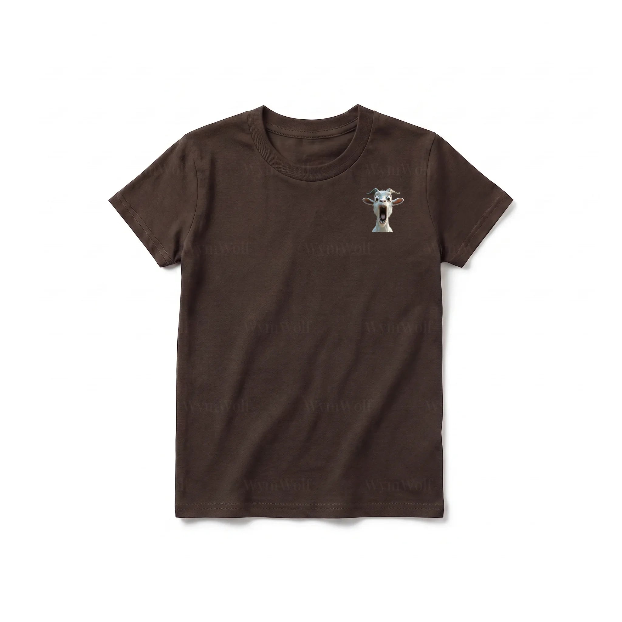 Un T-shirt chocolat à manches courtes et col rond pour jeune, orné d'un motif représentant un animal de la ferme sur la poitrine gauche.