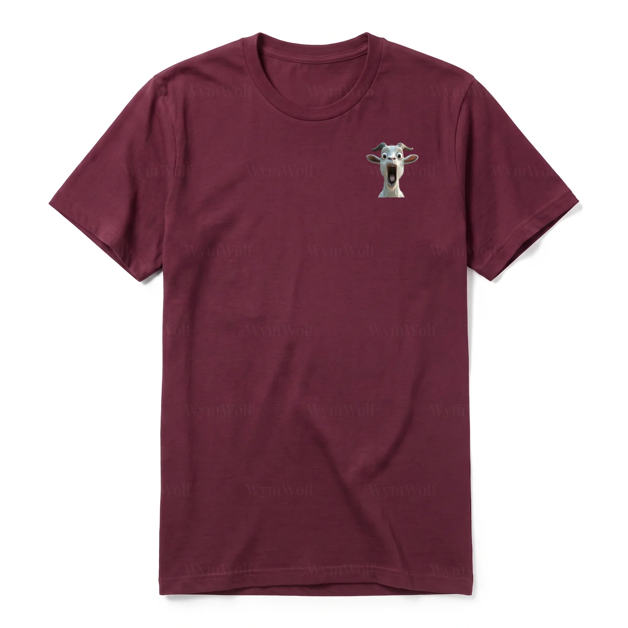 A maroon short-sleeve crewneck t-shirt for adult featuring a graphic of a farm animal on the left chest.