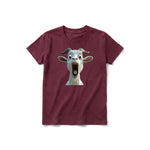 A maroon short-sleeve crewneck t-shirt for youth featuring a graphic of a farm animal on the front.