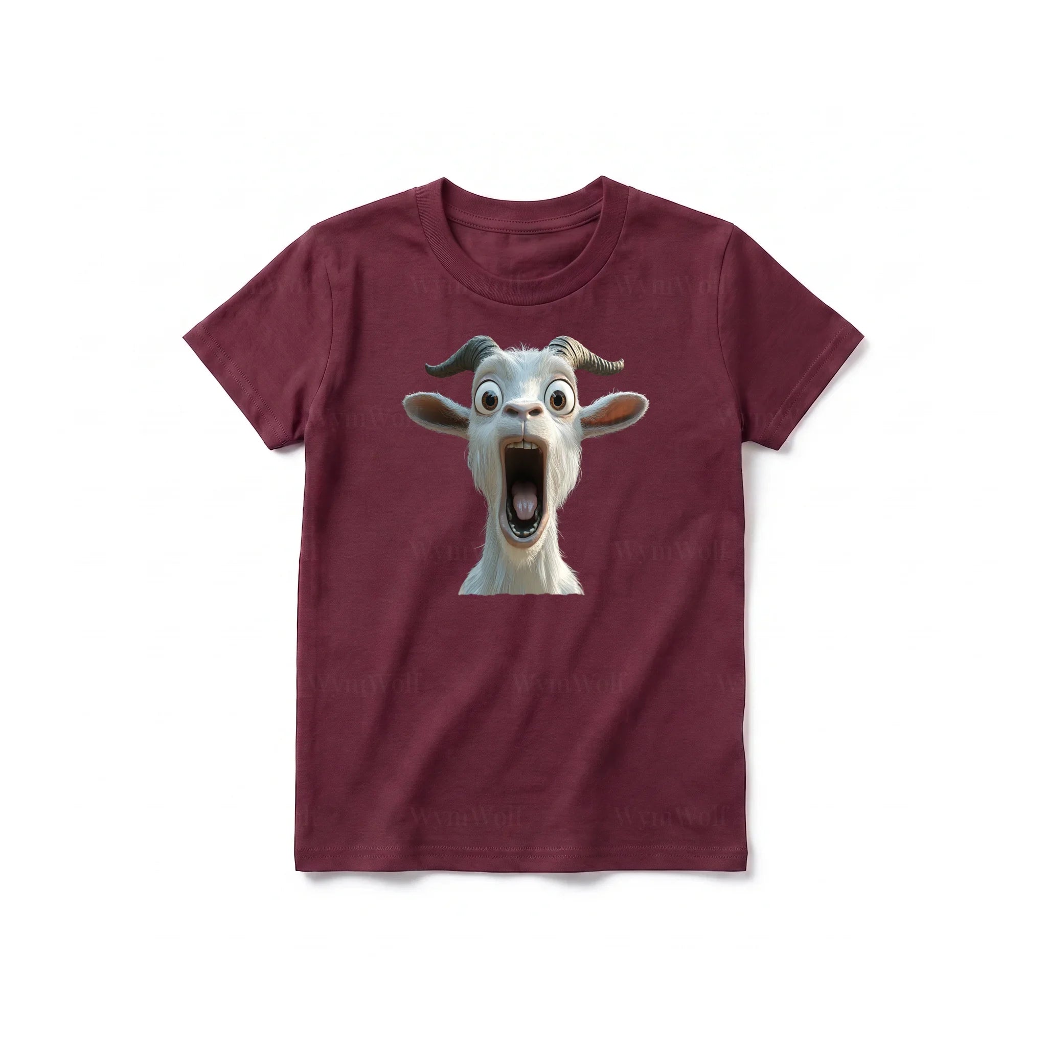 A maroon short-sleeve crewneck t-shirt for youth featuring a graphic of a farm animal on the front.