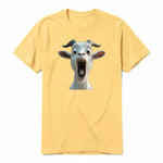 A mustard short-sleeve crewneck t-shirt for adult featuring a graphic of a farm animal on the front.
