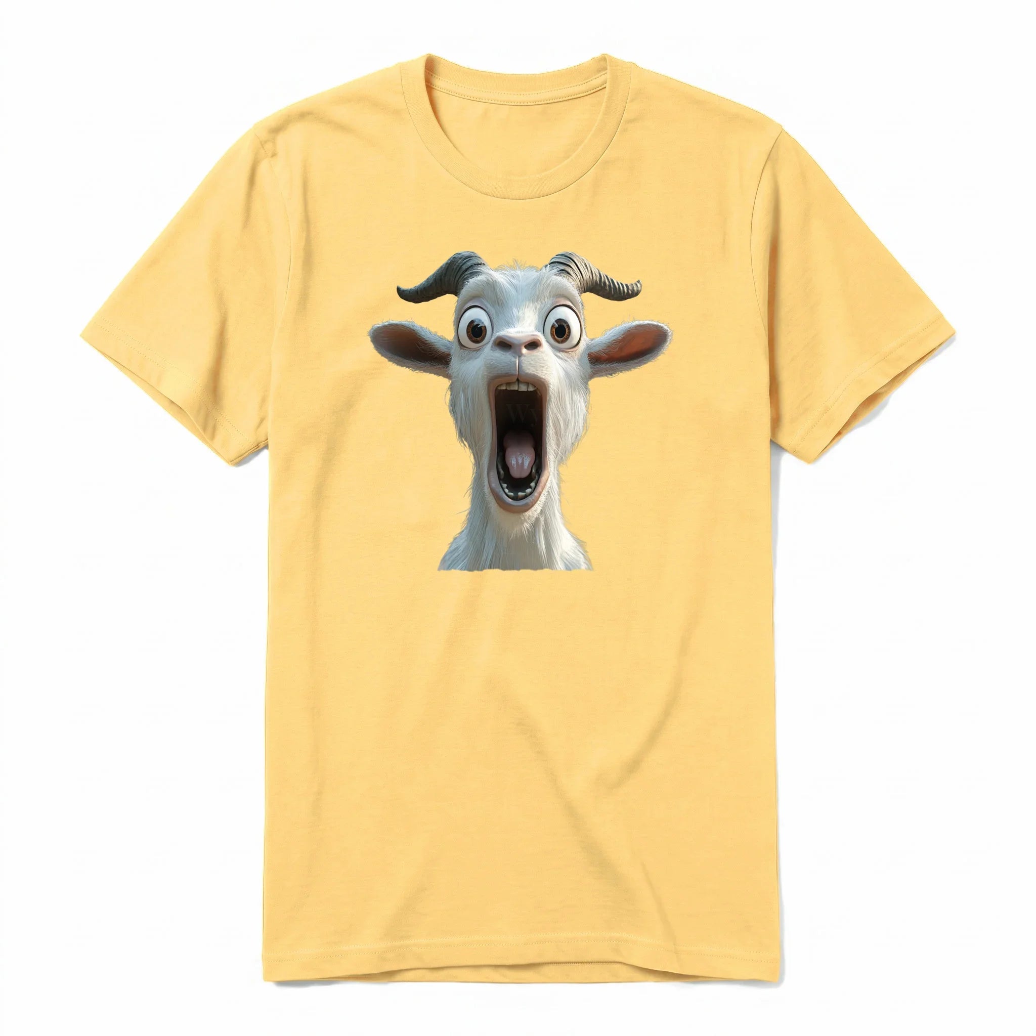 A mustard short-sleeve crewneck t-shirt for adult featuring a graphic of a farm animal on the front.