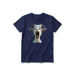 Un T-shirt marine à manches courtes et col rond pour jeune, orné d'un motif représentant un animal de la ferme sur le devant.