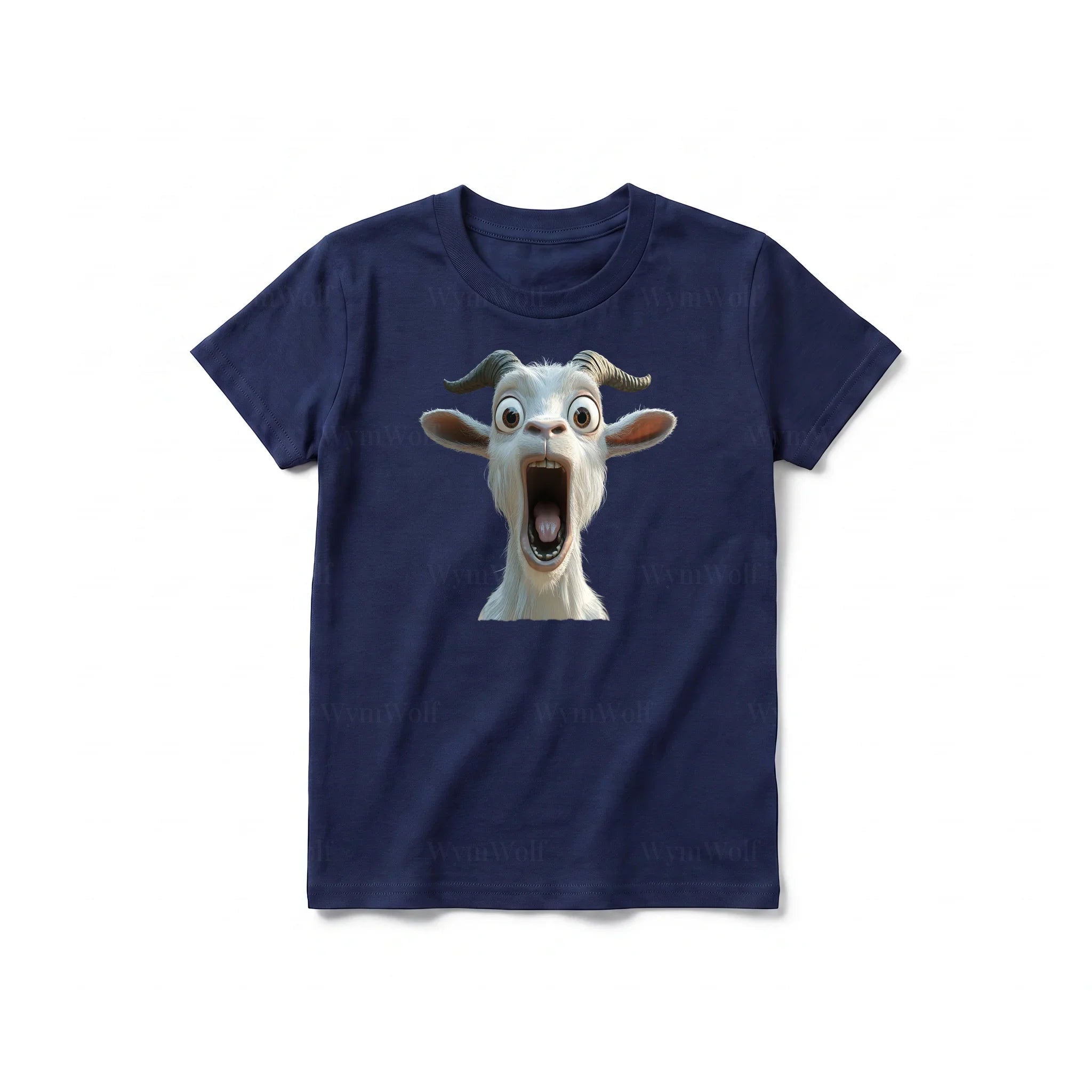 Un T-shirt marine à manches courtes et col rond pour jeune, orné d'un motif représentant un animal de la ferme sur le devant.
