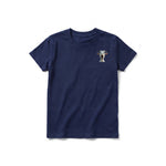 Un T-shirt marine à manches courtes et col rond pour jeune, orné d'un motif représentant un animal de la ferme sur la poitrine gauche.