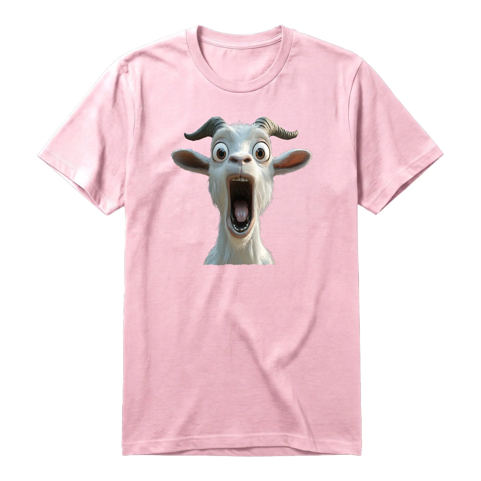 Un T-shirt rose à manches courtes et col rond, orné d'un motif représentant un animal de la ferme sur le devant.