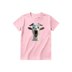 Un T-shirt rose à manches courtes et col rond pour jeune, orné d'un motif représentant un animal de la ferme sur le devant.