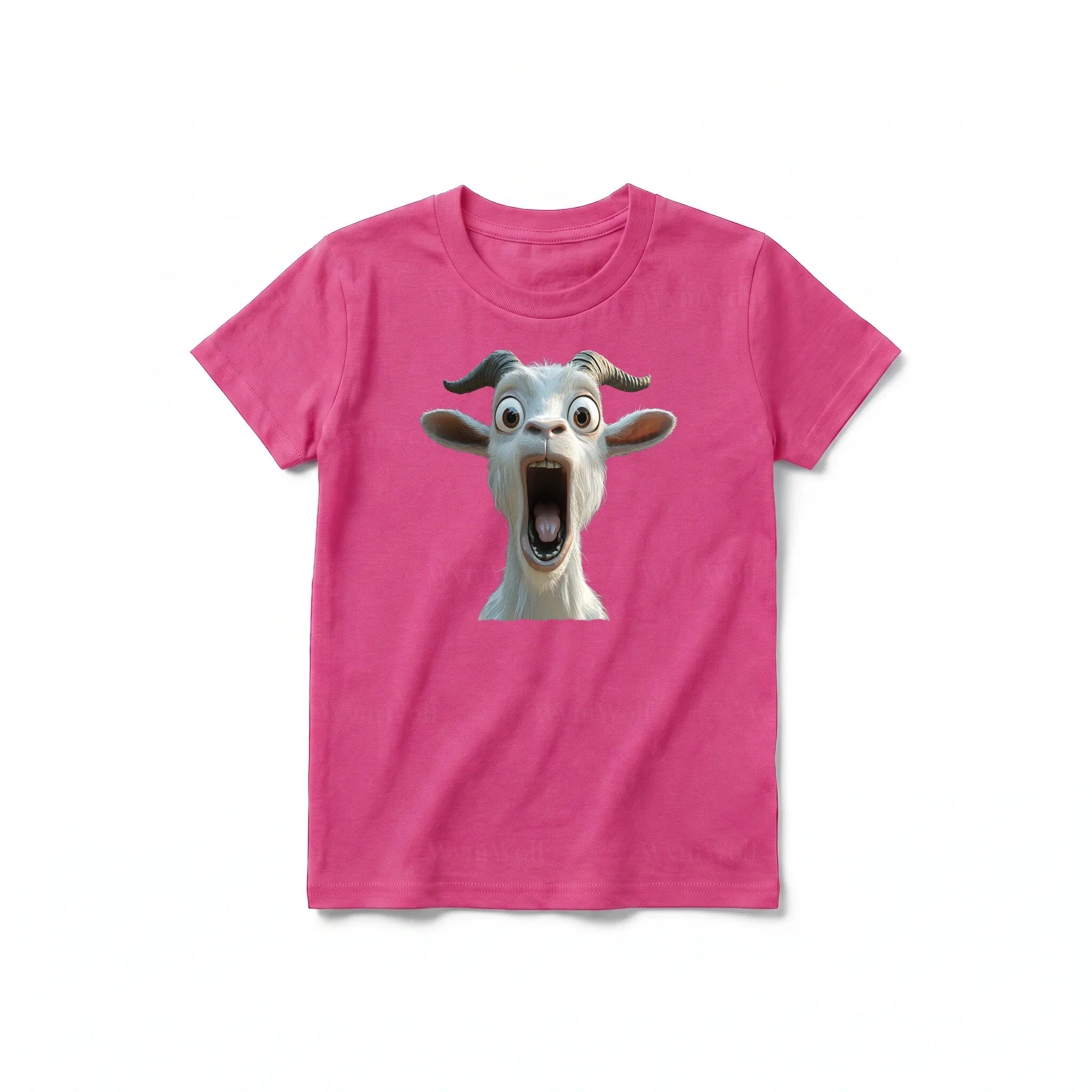 A raspberry short-sleeve crewneck t-shirt for youth featuring a graphic of a farm animal on the front.