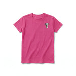 A raspberry short-sleeve crewneck t-shirt for youth featuring a graphic of a farm animal on the left chest.