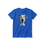 A royal short-sleeve crewneck t-shirt for youth featuring a graphic of a farm animal on the front.