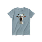 Un T-shirt sauge à manches courtes et col rond pour jeune, orné d'un motif représentant un animal de la ferme sur le devant.