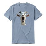 A steel-blue short-sleeve crewneck t-shirt for adult featuring a graphic of a farm animal on the front.