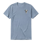 A steel-blue short-sleeve crewneck t-shirt for adult featuring a graphic of a farm animal on the left chest.
