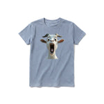 A steel-blue short-sleeve crewneck t-shirt for youth featuring a graphic of a farm animal on the front.