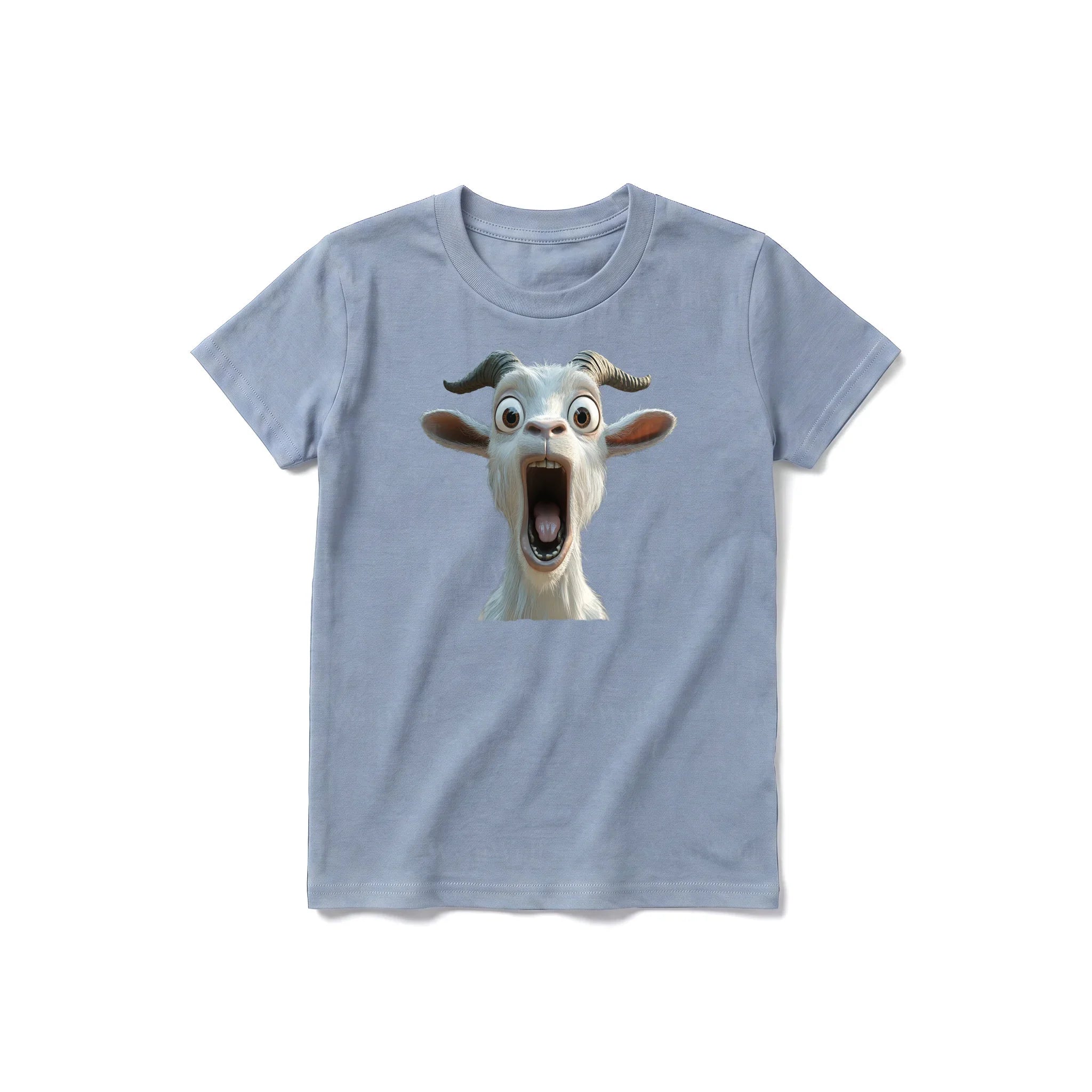 A steel-blue short-sleeve crewneck t-shirt for youth featuring a graphic of a farm animal on the front.