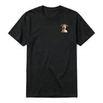 A black short-sleeve crewneck t-shirt for adult featuring a graphic of a farm animal on the left chest.