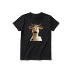 A black short-sleeve crewneck t-shirt for youth featuring a graphic of a farm animal on the front.