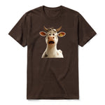 A chocolate short-sleeve crewneck t-shirt for adult featuring a graphic of a farm animal on the front.