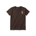 A chocolate short-sleeve crewneck t-shirt for youth featuring a graphic of a farm animal on the left chest.