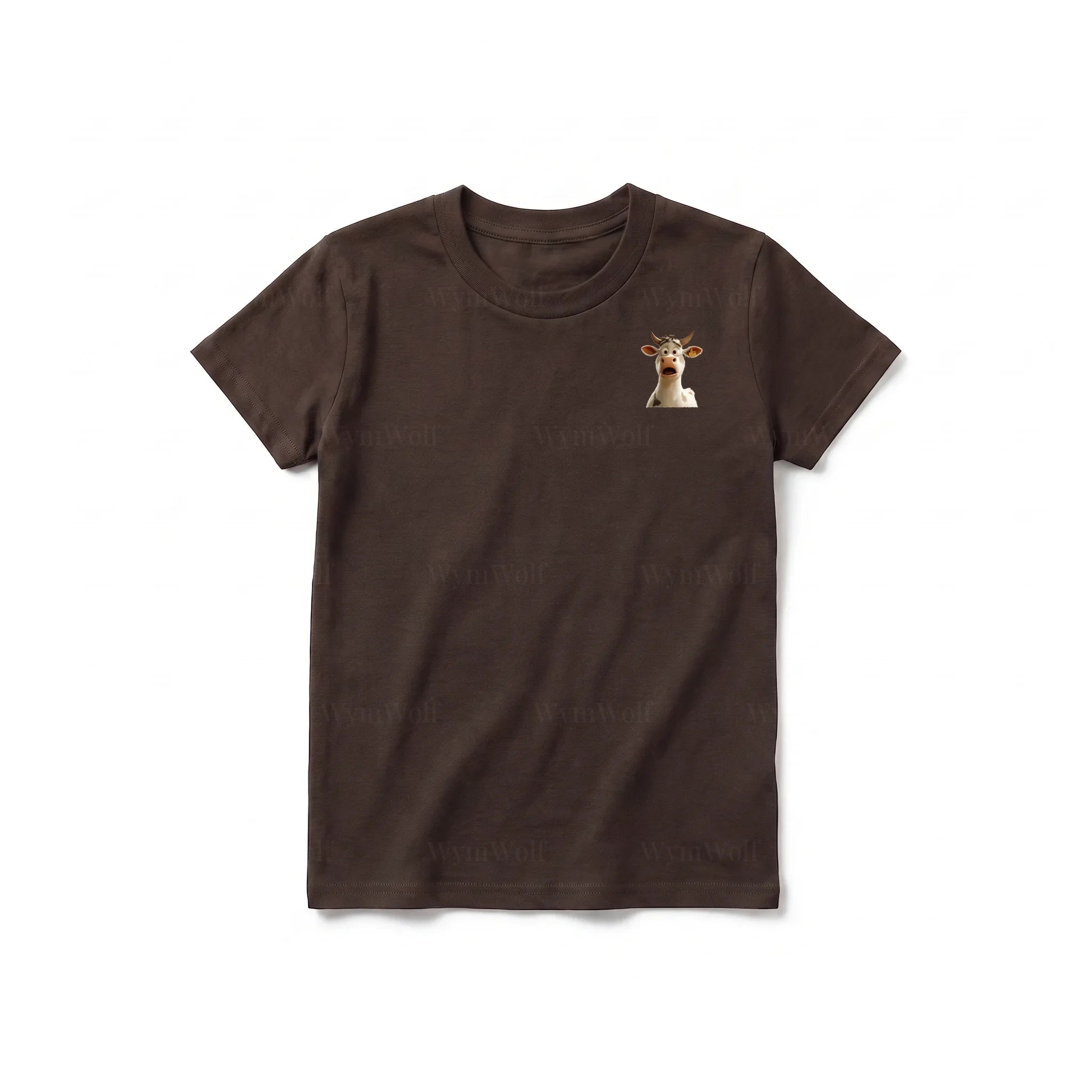 A chocolate short-sleeve crewneck t-shirt for youth featuring a graphic of a farm animal on the left chest.