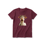 A maroon short-sleeve crewneck t-shirt for youth featuring a graphic of a farm animal on the front.