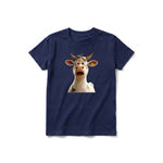 A navy short-sleeve crewneck t-shirt for youth featuring a graphic of a farm animal on the front.
