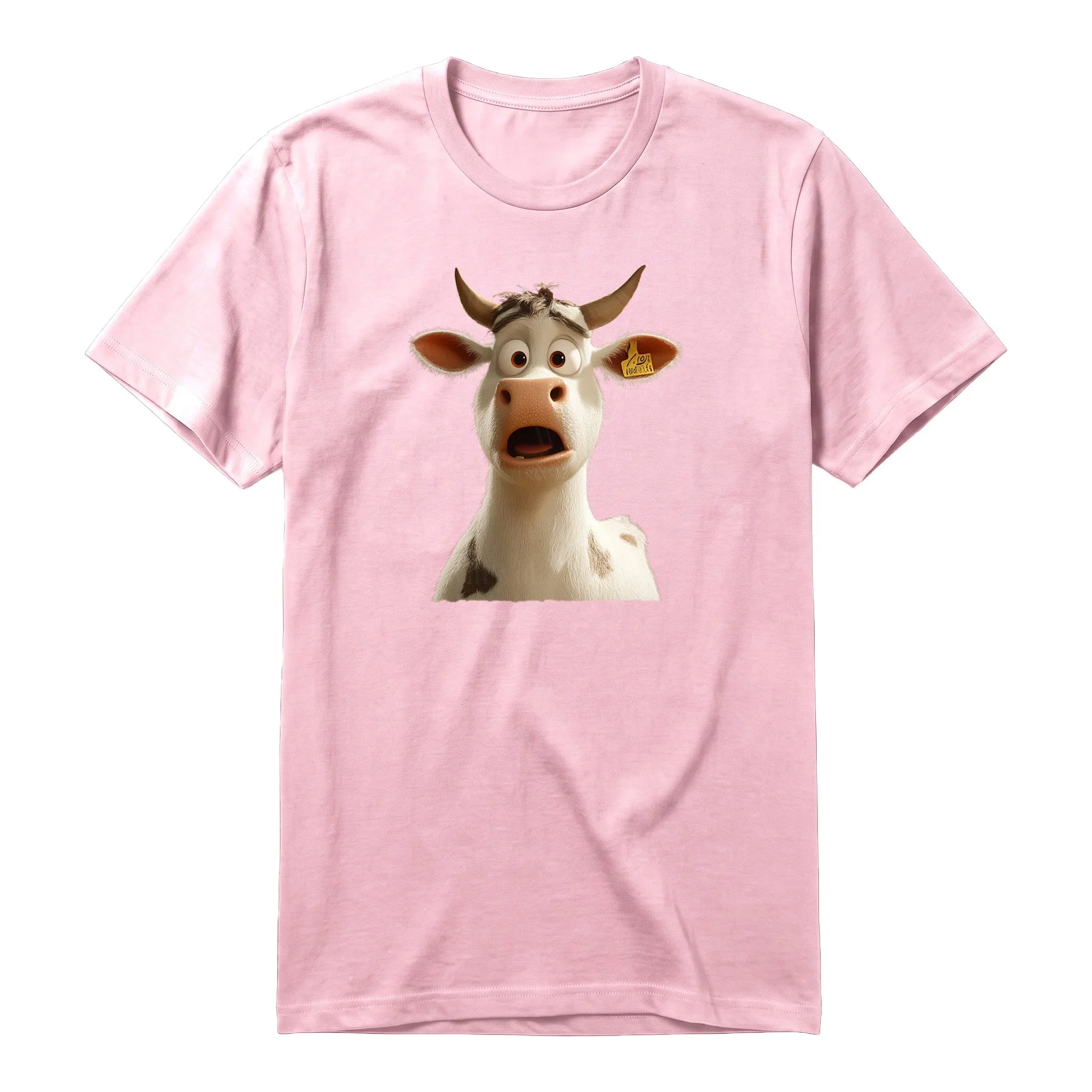 A pink short-sleeve crewneck t-shirt for adult featuring a graphic of a farm animal on the front.
