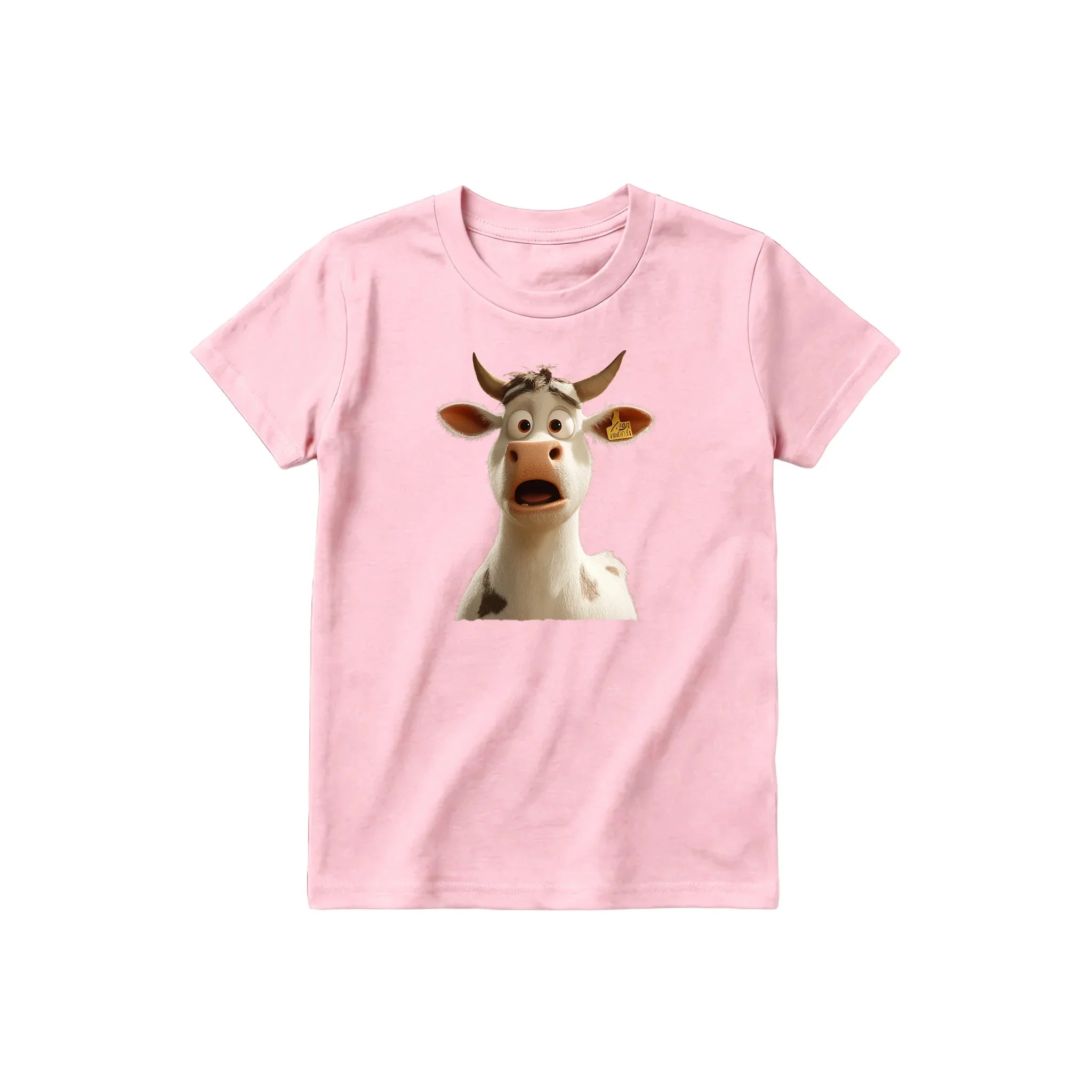 A pink short-sleeve crewneck t-shirt for youth featuring a graphic of a farm animal on the front.