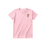 A pink short-sleeve crewneck t-shirt for youth featuring a graphic of a farm animal on the left chest.