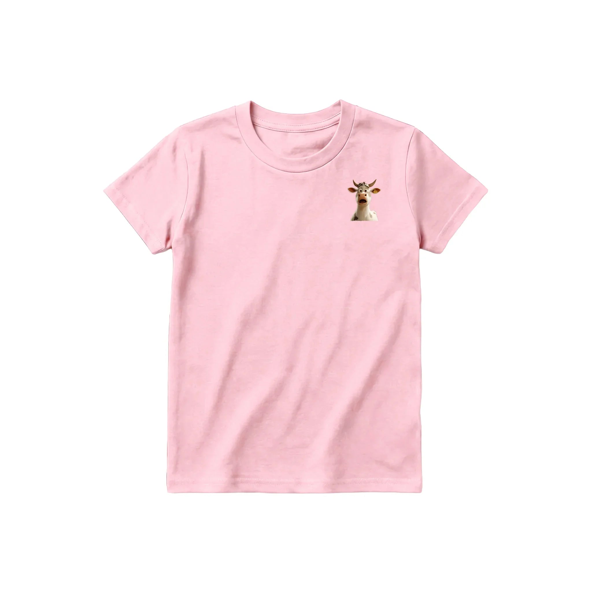 A pink short-sleeve crewneck t-shirt for youth featuring a graphic of a farm animal on the left chest.
