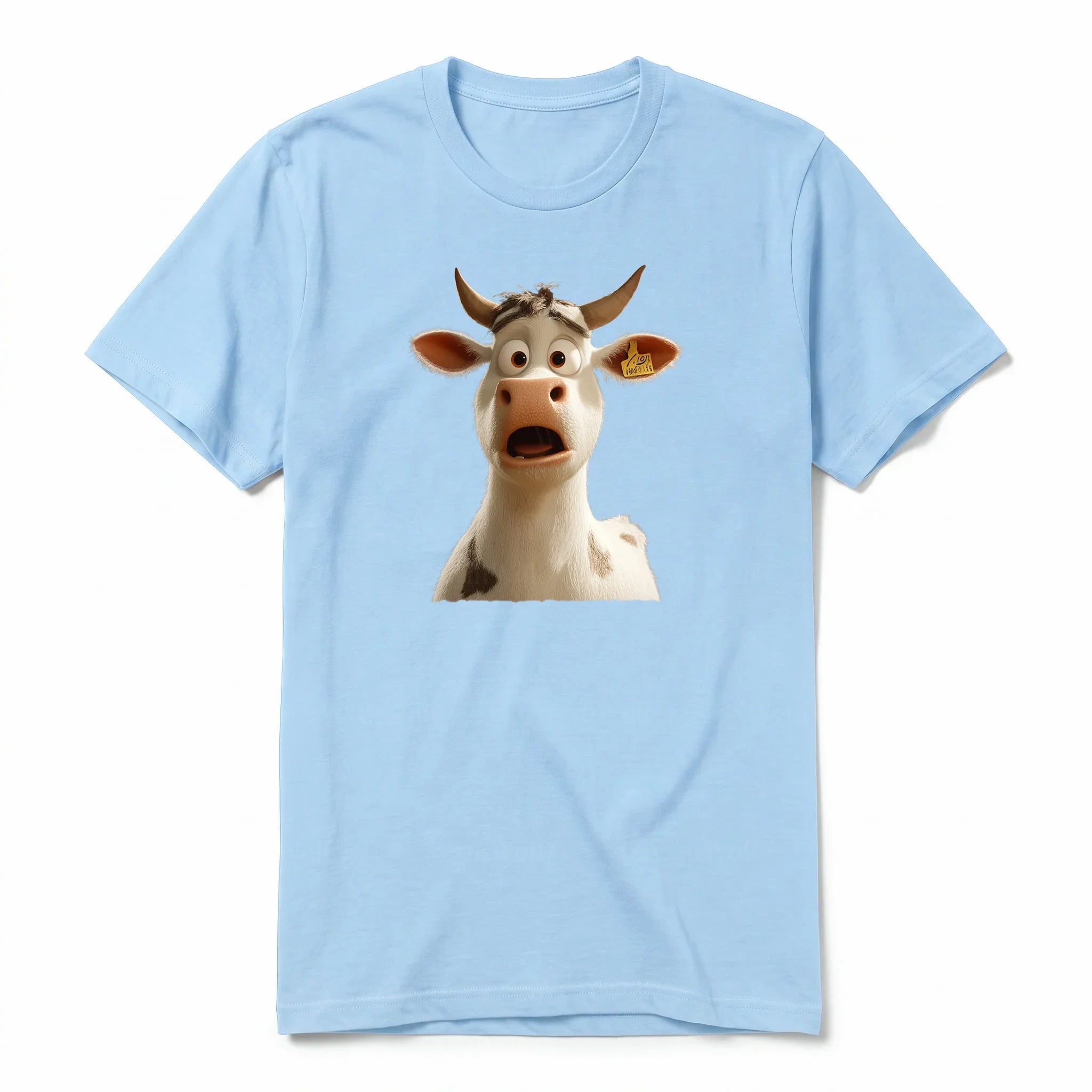 A powder short-sleeve crewneck t-shirt for adult featuring a graphic of a farm animal on the front.