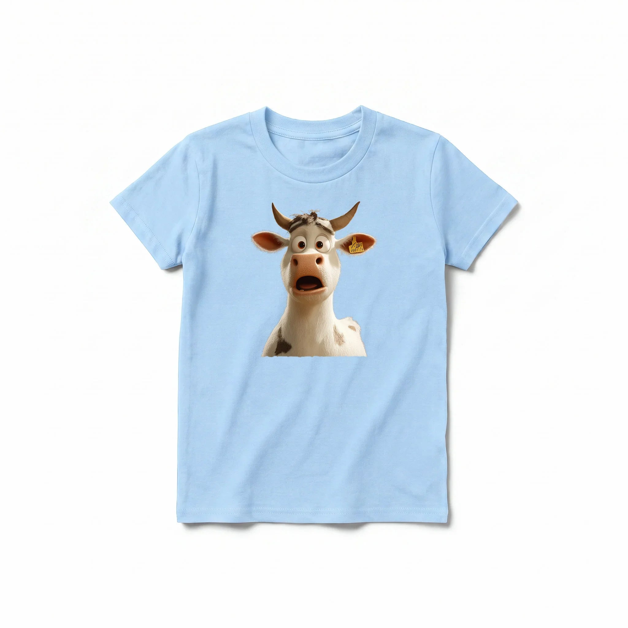 A powder short-sleeve crewneck t-shirt for youth featuring a graphic of a farm animal on the front.