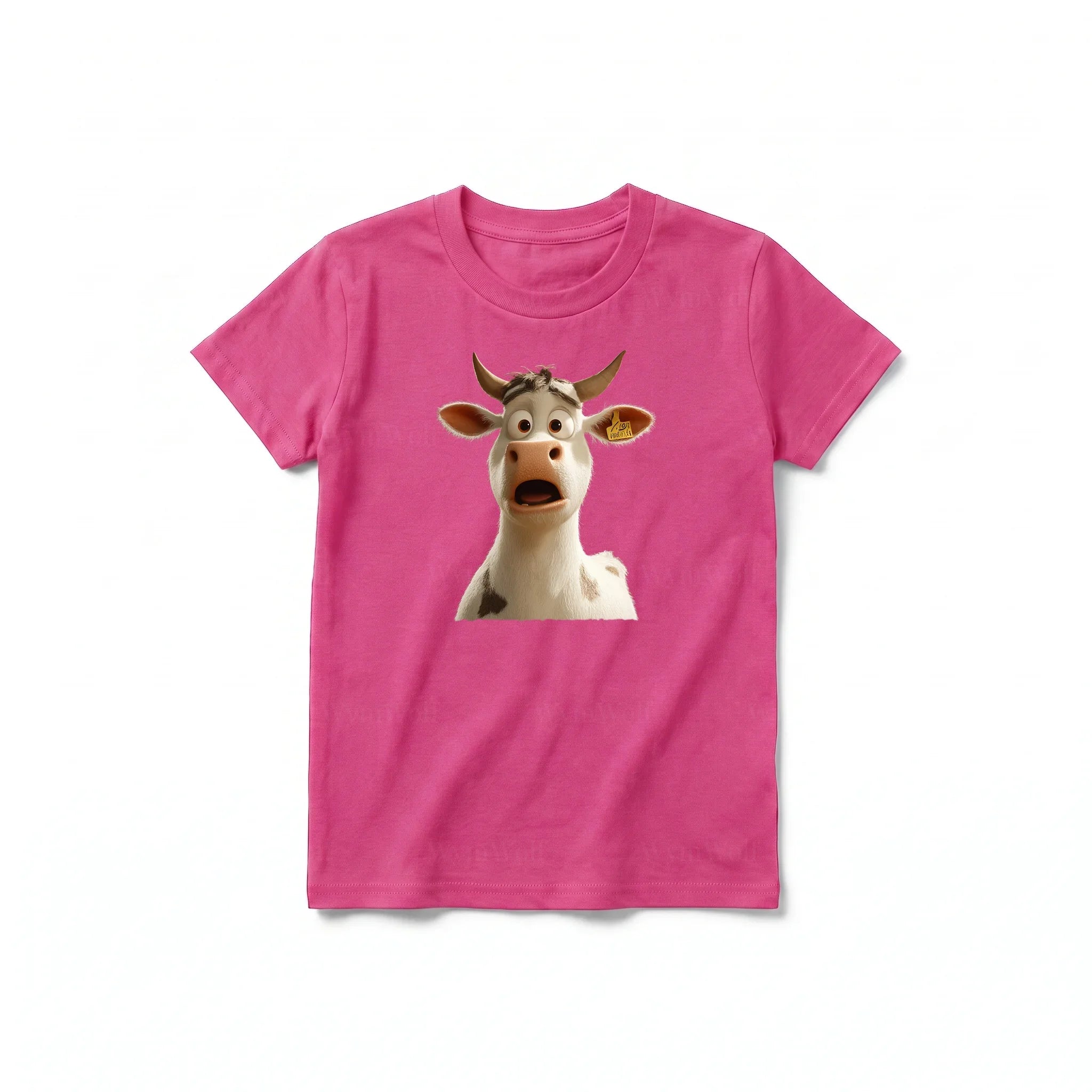 A raspberry short-sleeve crewneck t-shirt for youth featuring a graphic of a farm animal on the front.