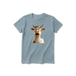 A sage short-sleeve crewneck t-shirt for youth featuring a graphic of a farm animal on the front.