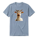 A steel-blue short-sleeve crewneck t-shirt for adult featuring a graphic of a farm animal on the front.