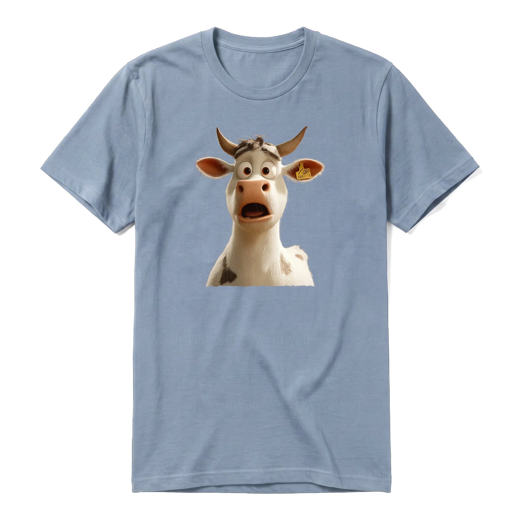 A steel-blue short-sleeve crewneck t-shirt for adult featuring a graphic of a farm animal on the front.