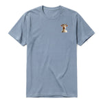 A steel-blue short-sleeve crewneck t-shirt for adult featuring a graphic of a farm animal on the left chest.
