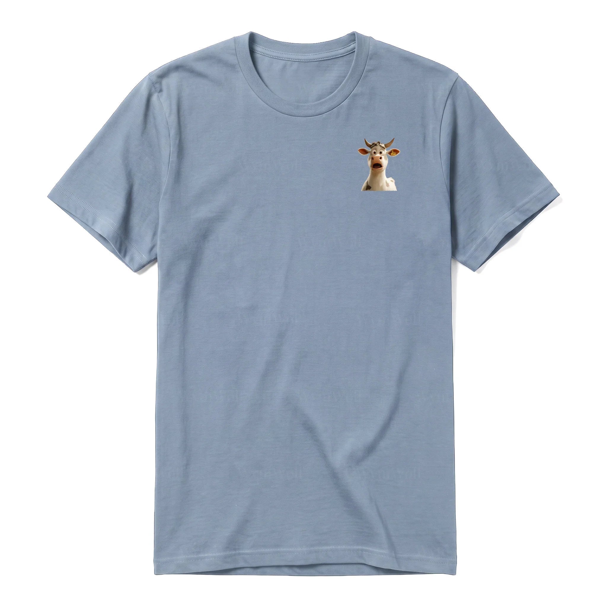 A steel-blue short-sleeve crewneck t-shirt for adult featuring a graphic of a farm animal on the left chest.